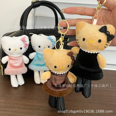 日系新款NIC豹纹黑皮爱心扣长腿kitty包挂件毛绒凯蒂猫钥匙扣挂饰