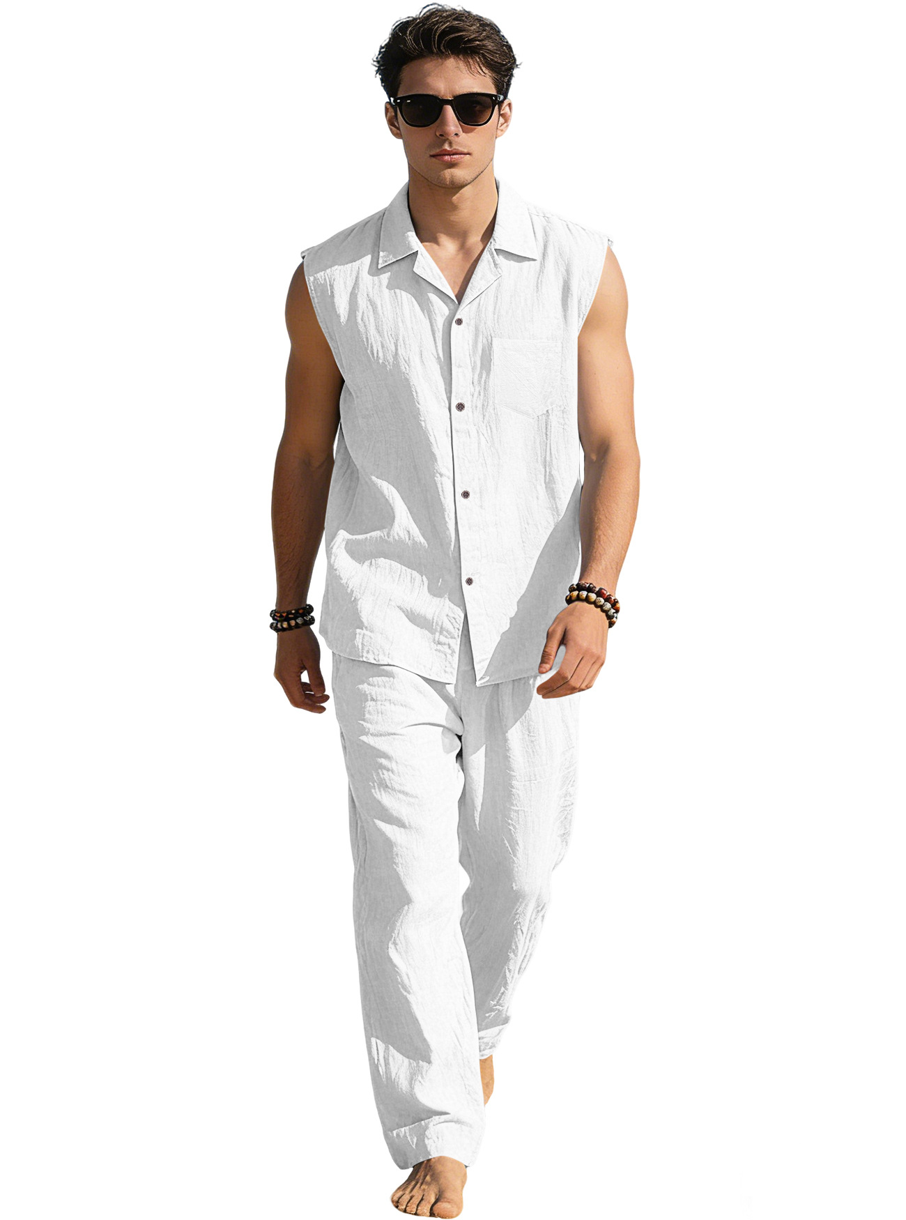 Europa y América transfronterizos de verano hombre camisa delgada sin mangas con solapa deportiva casual lino camisa de color sólido pantalón conjunto