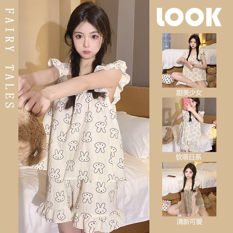 여름 잠옷 여성용 카미솔 작은 플라잉 슬리브 버블 코튼 주름 공주 스타일 2024 새로운 홈 옷