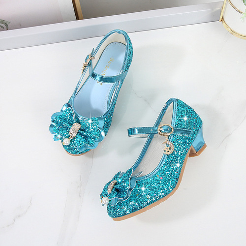 Girls' Leather Shoes High Heels  Spring Rhinestone Bow Little Princess Model Crystal Single Shoes Sequined Children's Shoes for Women