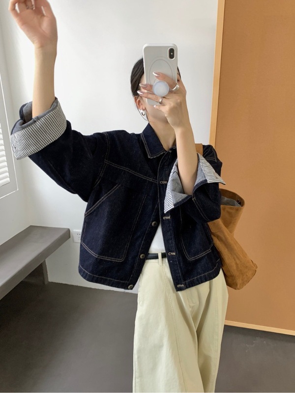 秋季深蓝色牛仔夹克上衣女2025感复古拼色宽松休闲短外套|undefined