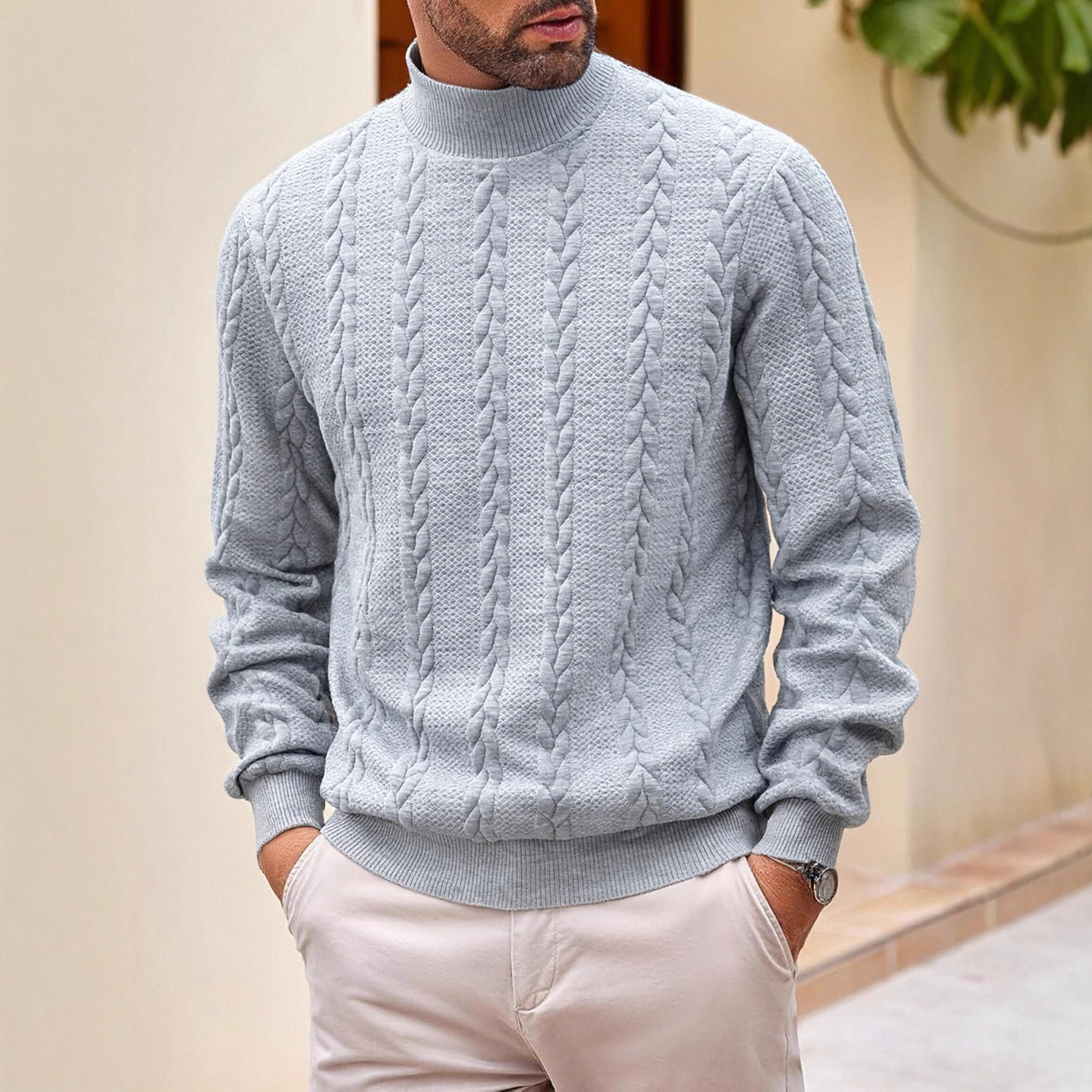 Transfronterizo europeo otoño invierno jersey jersey diario de color sólido joven hombre moda jacquard cuello alto jersey cálido hombre