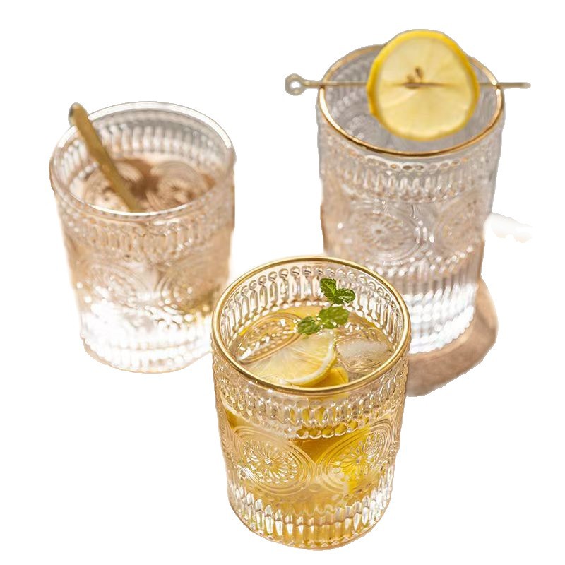 Taza de cristal de flores de sol retro red taza de agua en relieve de alto valor de la cara taza de café taza de leche de avena con mango taza de agua