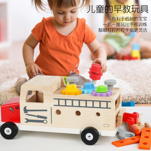 Wooden truck tool box disassembly nut portable tool box young children screw repair station educational toys