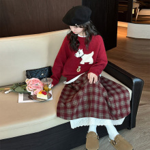 女童毛衣套装卡通休闲秋冬韩版针织衫女孩甜美花边格子半身裙跨境