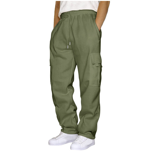2024 Cross-border New Style Sports Leisure Warm Fleece Sweatpants with Multiple Pockets and Cord Ties for Men Loose Work Pants
