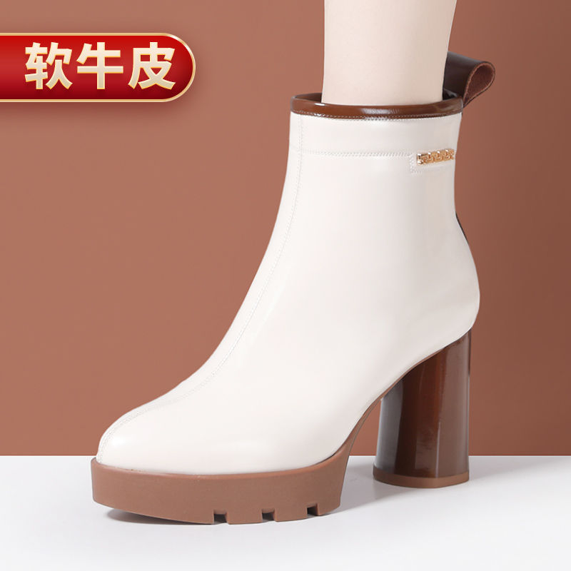 Genuine Leather Versatile Short Boots 2025 Autumn and Winter New White High Heels Thick Heels Thick Sole Waterproof Platform Round Toe Boots for Women