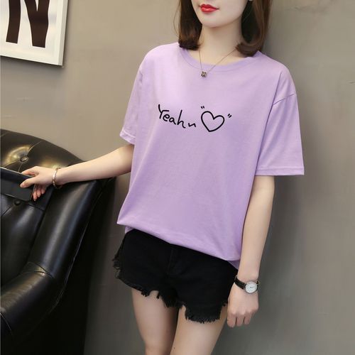 Women's Summer Round Neck Short Sleeve T-Shirt with Pure Cotton, Loose and Versatile Letter Print, Plus Size Casual Top Trendy