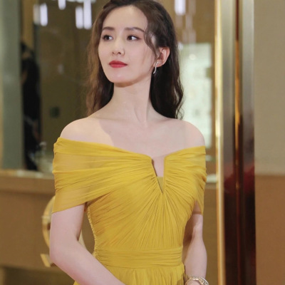 外贸金黄色新娘结婚敬酒服年会舞台走秀独唱演出主持人婚纱晚礼服