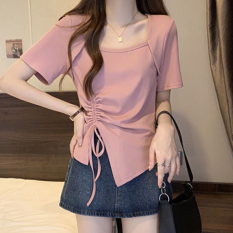 Summer Short Drawstring Short-Sleeved T-Shirt for Women 2025 New French Collarbone Square Collar Asymmetrical Unique Top