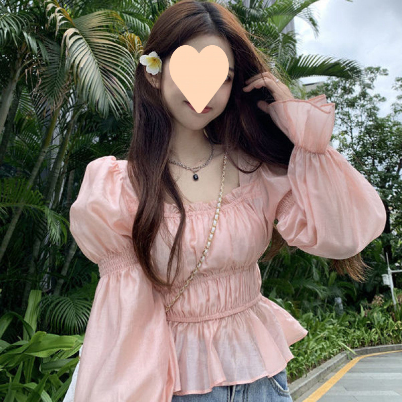 프랑스 스타일 우아한 트럼펫 소매 셔츠 여성의 가을 2024 새로운 달콤한 스퀘어 칼라 슬리밍 슬림 핏 긴 소매 탑