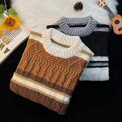 Sweater for Men in Autumn/Winter, Youth Striped Contrast Color Knitwear Jacket, Japanese Trend Brand Retro Lazy Style Woolen Sweater