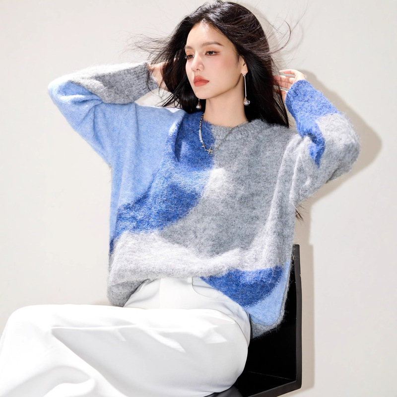 铭海 慵懒灰蓝色毛衣女款2025年新款秋冬季新款时尚独特漂亮上衣|undefined