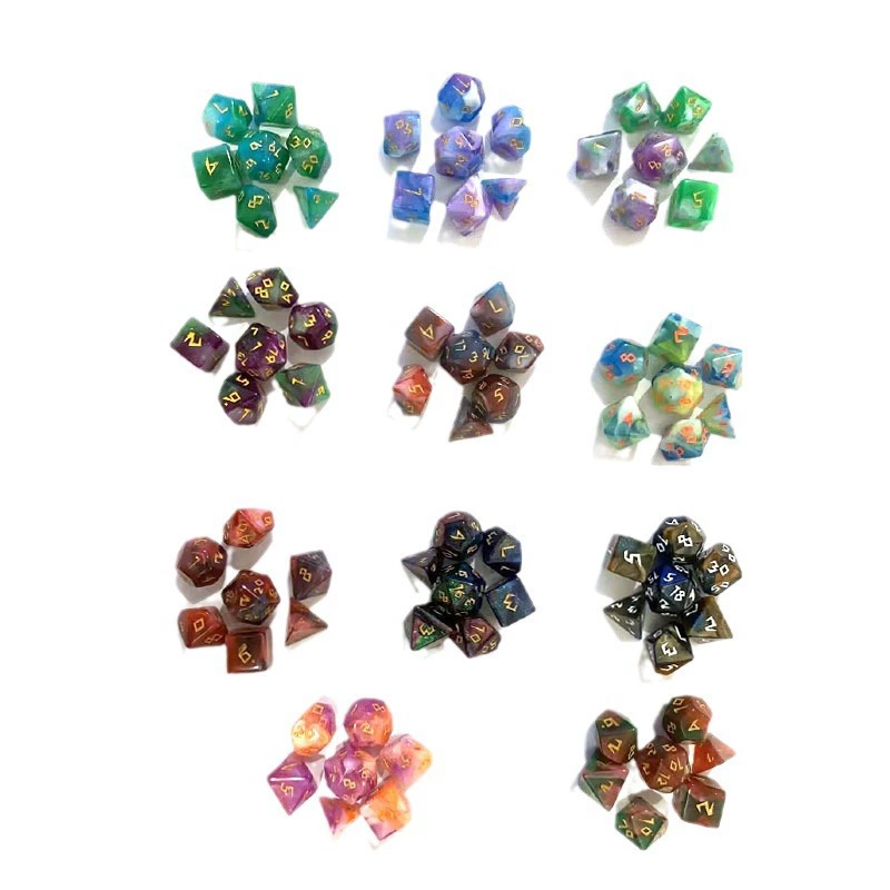 7‑piece polyhedral dice set, tricolor chameleon finish, standard DnD kit (d20–d4), multi‑color
