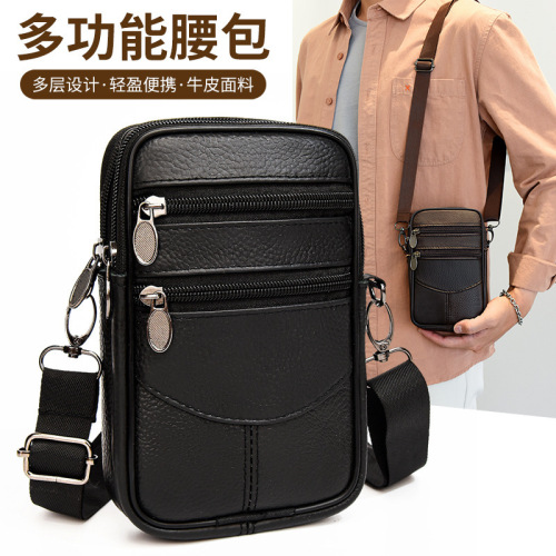 New style cowhide mobile phone waist bag with belt  multifunctional crossbody men's bag crossbody backpack genuine leather bag manufacturer batch