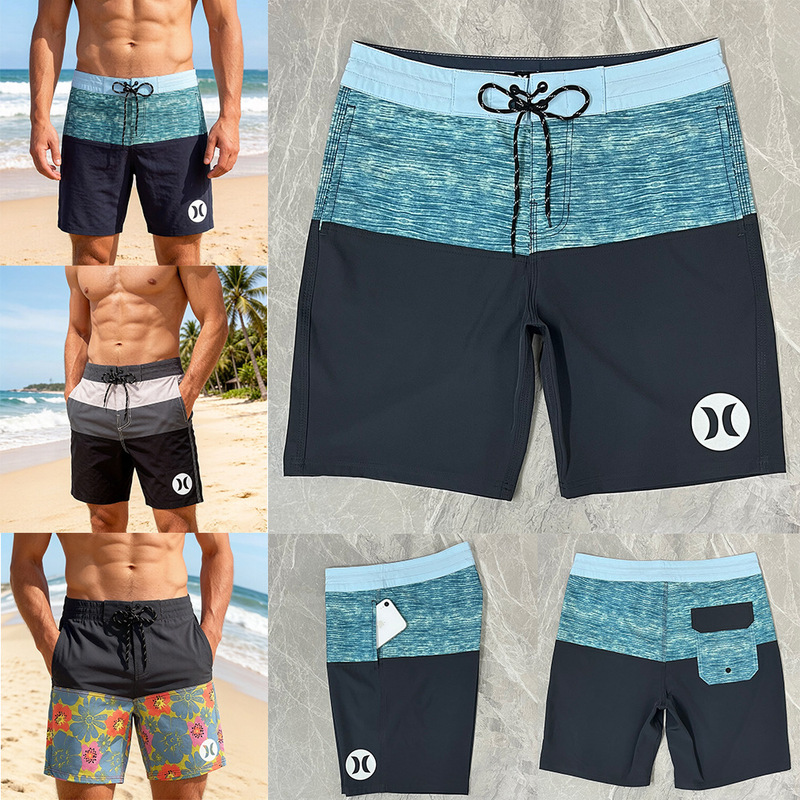Hurley Quick-Dry Water-Resistant Beach Shorts for Men, Stretchy Casual Shorts with Three Pockets and Color-Blocking Design for Sports and Surfing
