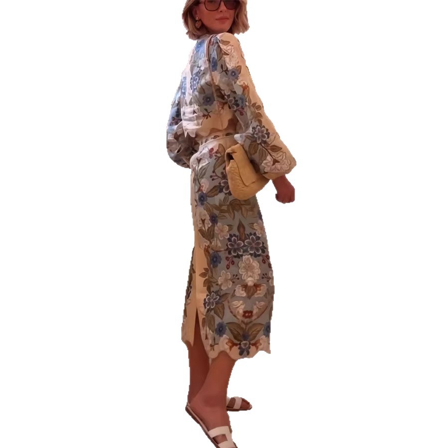 Completo da donna primavera/estate a due pezzi con gonna e top a maniche lunghe e stampa, vestibilità ampia, stile europeo/americano._voghion.com