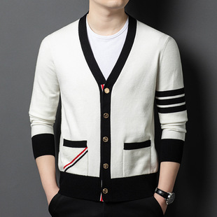2025 Spring and Autumn Men's Sweater Coat Solid Color Wool Knitted Cardigan Outer Wear V-neck Top Brand Green Middle-aged