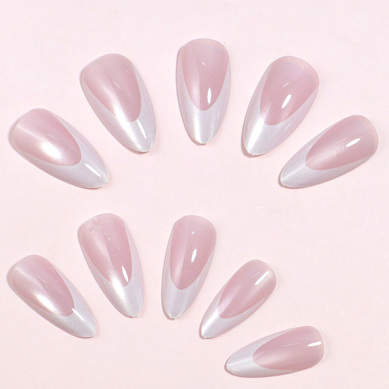 24片 跨境 法式杏仁甲水晶白边法式猫眼欧美ins风press on nails|undefined