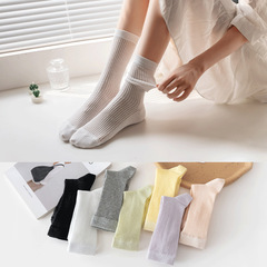 Summer thin mid-calf socks, Miu ballet-style white puff socks, colorful vibrant "dopamine" vertical-striped stockings for youthful girls