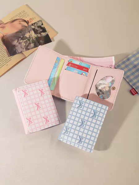 Women's plaid bow short wallet, stylish ins-style card holder, multi-card slot ID storage pouch