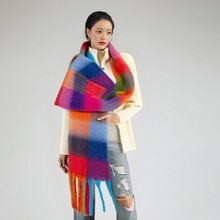 外贸大牌渐变彩色格子仿羊绒高级细腻柔软拼色流苏大披肩围巾工厂