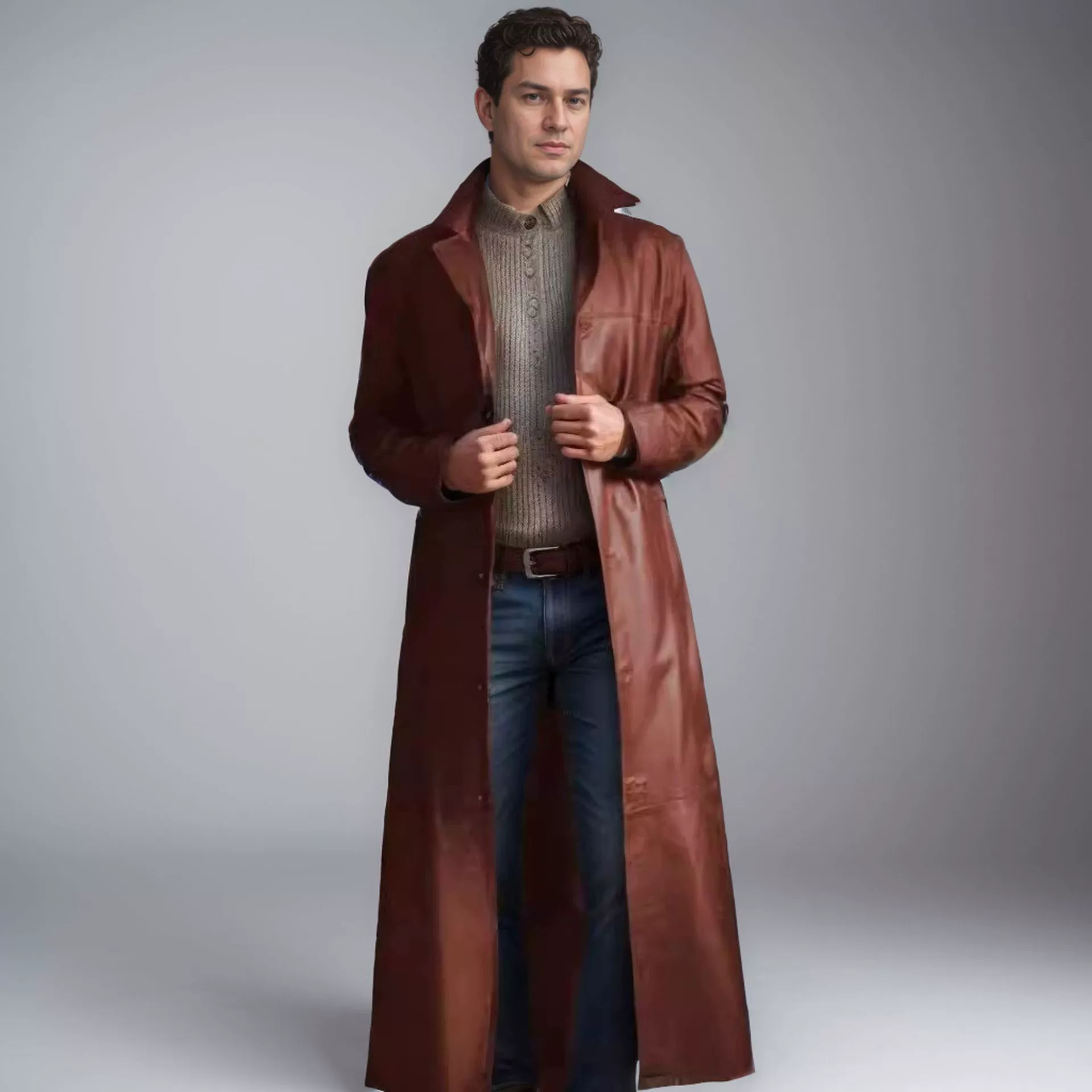 Мужской длинный плащ-тренч из полиуретана PU, slim fit, длинная линия, стильная куртка (S–5XL)