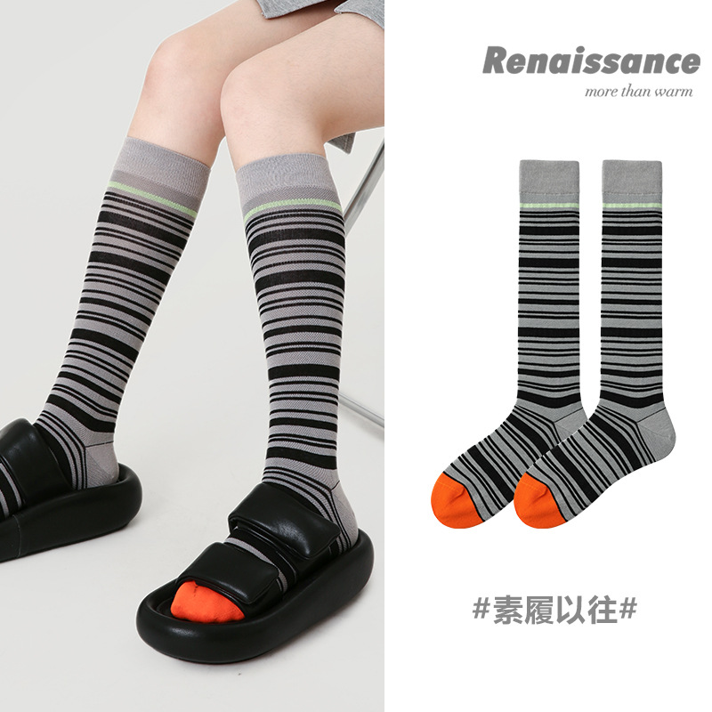Renaissance Original Women's Socks,Simple Mid-length Socks,Color-blocked Striped Calf Socks,Versatile Slimming Knee-high Socks For Women