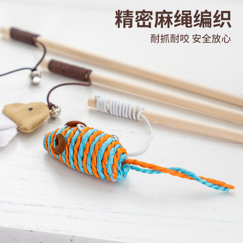 Cross-border Wooden Cat Funny Stick Bell Feather Mouse Interactive Cat Funny Toy Cat Supplies Manufacturer Wholesale