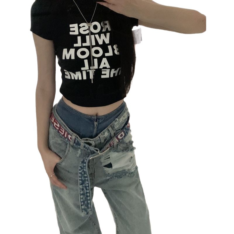 Tendencia de algodón dulce caliente letras hombro camiseta de manga corta 2026 verano nuevo diseño delgado camiseta de cuello redondo