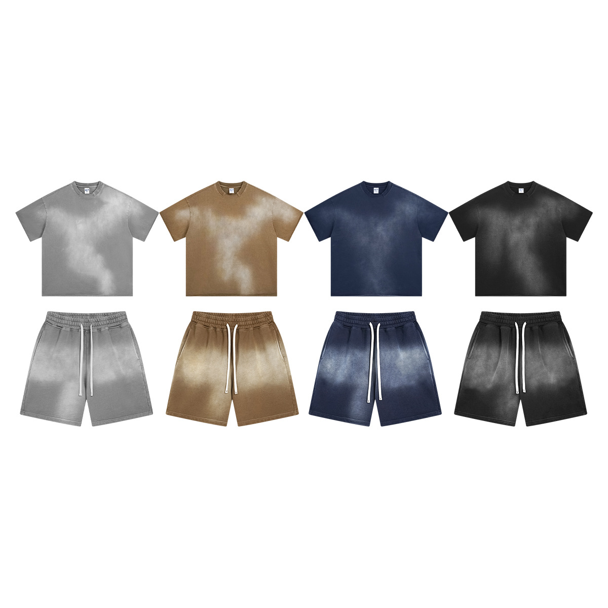 Chain tide hombre verano 2026 marca de lavado transfronteriza hombre manga corta teñido por pulverización pantalones cortos retrógrados hombre manga corta set