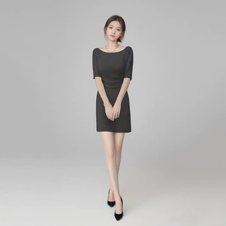高端质感收腰重要场合职业连衣裙女夏小个子新款一字肩精致小黑裙