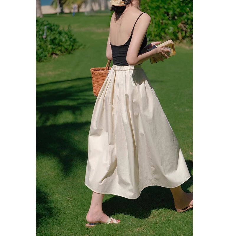 French High-End White Skirt Umbrella Skirt Women's Spring and Summer New High-Waist Cover-Up Puffy Mid-Length Skirt A-Line Skirt
