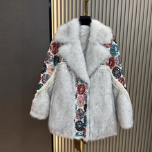 仿狐狸毛皮草大衣25冬季新款时尚洋气皮毛一体拼接亮片保暖外套女