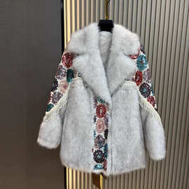 仿狐狸毛皮草大衣25冬季新款时尚洋气皮毛一体拼接亮片保暖外套女