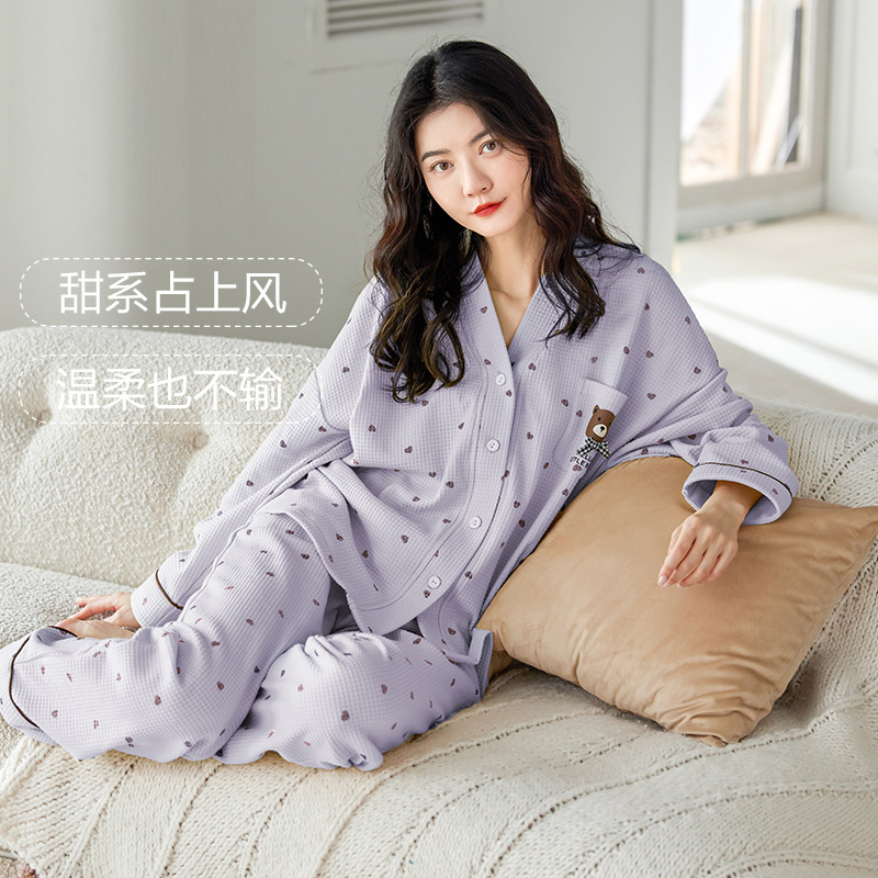 Pajamas Women's Spring Cartoon Pure Cotton suit Cute V-Neck Long-Sleeved Cardigan Spring and Summer Outfit Home Clothes Two-Piece Set