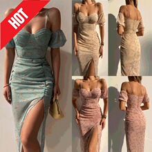 2024年欧美跨境春夏新款 花朵印花裹胸不规则吊带连衣裙22083