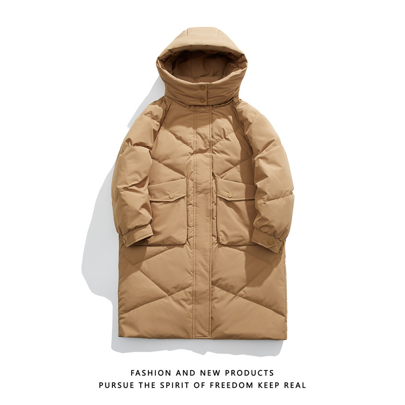Chaqueta de Plumón Larga con Capucha 90% Plumón de Pato Blanco Cuello Desmontable para Uso Diario