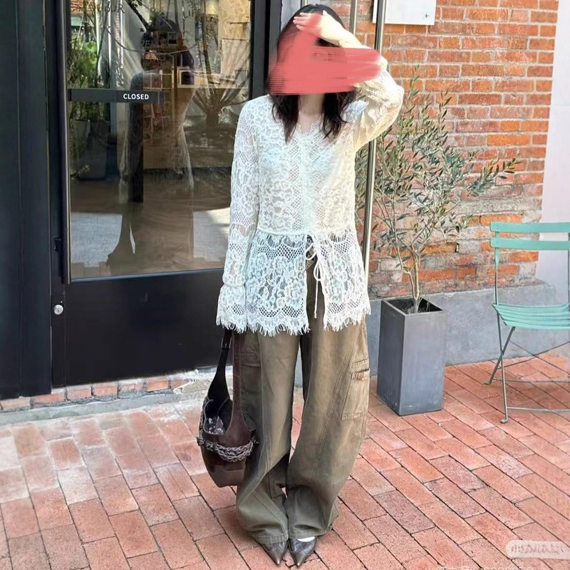 Lace Blouse Worn Outside and Inside with Thin Cut Out Cardigan 2025 Autumn and Winter New Niche Designer Lace Blouse for Women