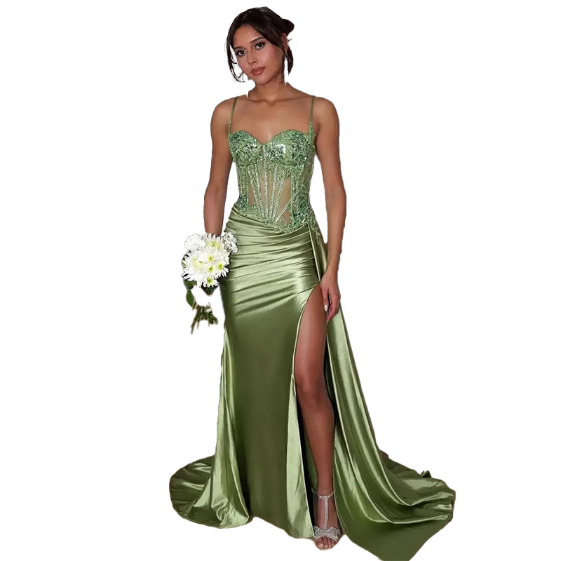 Vestido de noche sexy dividido de satén Vestido largo de tubo transfronterizo europeo y americano con cintura de espina de pescado Vestido delgado Falda larga image 3