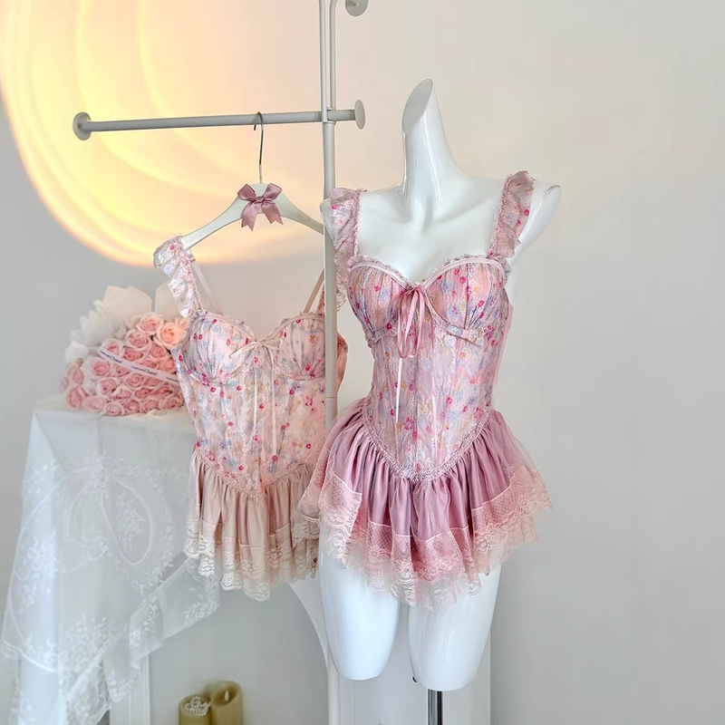 Sweet Barbie Pure Desire Sweet Floral Print Fishbone Corset Slimming Push-Up Sexy Nightwear