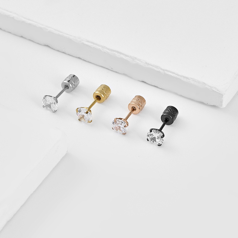 Retro Geometric Stainless Steel Inlay Zircon Ear Studs 1 Piece