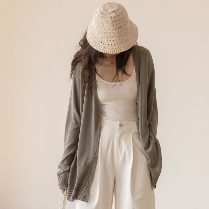 韓系風防曬開衫針織外套女2023新款輕薄寬鬆垂感落肩長袖外穿上衣