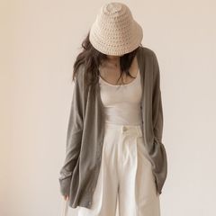 韓系風防曬開衫針織外套女2023新款輕薄寬鬆垂感落肩長袖外穿上衣