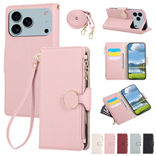 新款适用iPhone17圆形搭扣拉链插卡手机皮套苹果16商务皮革保护套