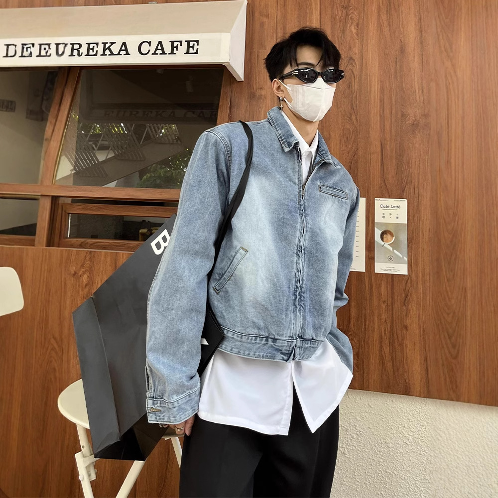 Hombrera nicho de diseño de alto grado corto otoño vintage lavado Denim chaqueta abrigo hombres ins ruoshuai