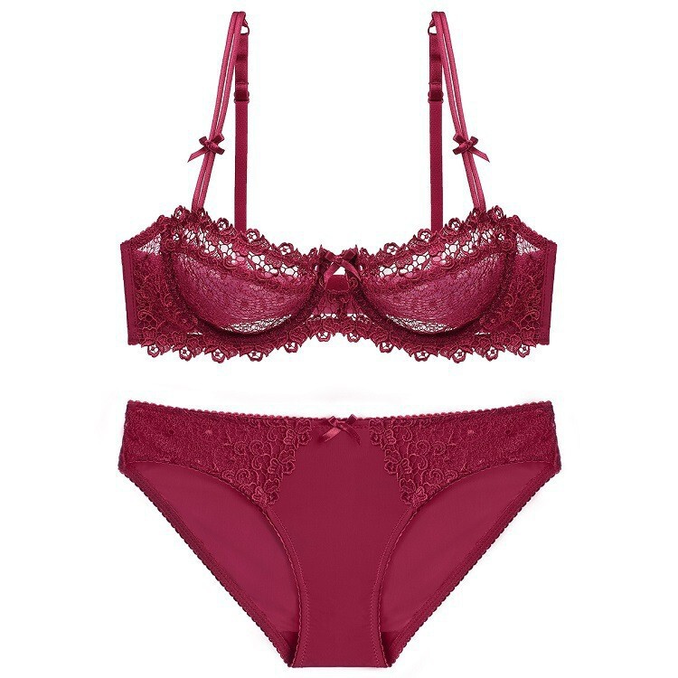 Factory direct European and American ultra-thin bra sexy temptation gathered translucent half cup lace bra set 9166