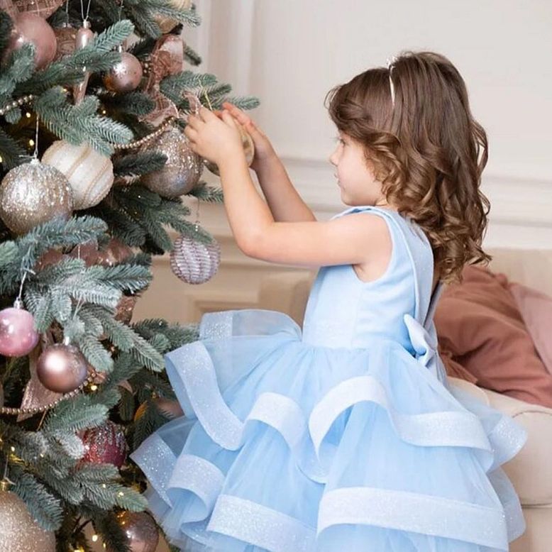 Light Blue Princess Tulle Dress For Girls – B-Class Polyester Puffy Party Gown For Flower Girls & Special Occasions (80-160cm)_voghion.com