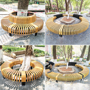 Stainless Steel Tree Pool Stool Metal Round Tree Chair Scenic Square Artistic Shape Iron Plywood Wooden Flower Pool Stool