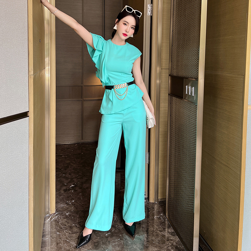 Bộ hai món áo ôm eo phối quần ống rộng cạp cao — Màu xanh nước hồ